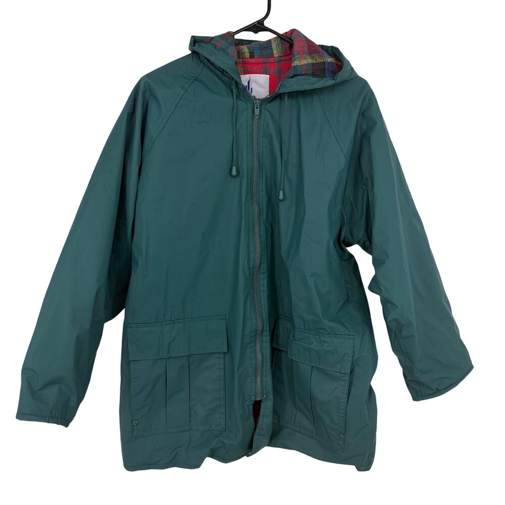 Misty Harbor Original Vintage Green Plaid Flannel Lining Hooded Rain Coat Size L